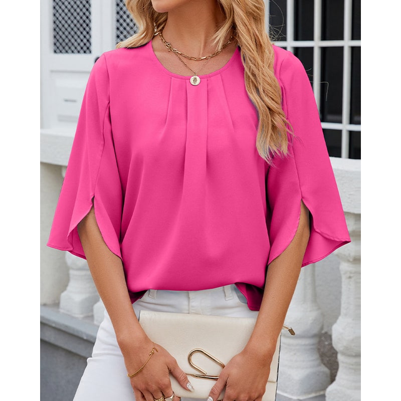 Women's Half Sleeve Chiffon Blouse Pleated Neckline Keyhole Back - Image 12