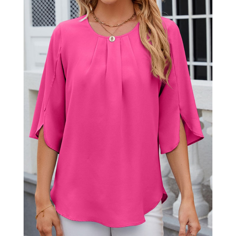 Women's Half Sleeve Chiffon Blouse Pleated Neckline Keyhole Back - Image 2