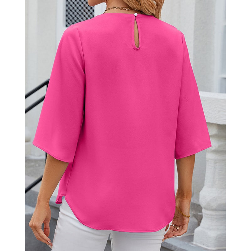 Women's Half Sleeve Chiffon Blouse Pleated Neckline Keyhole Back - Image 3