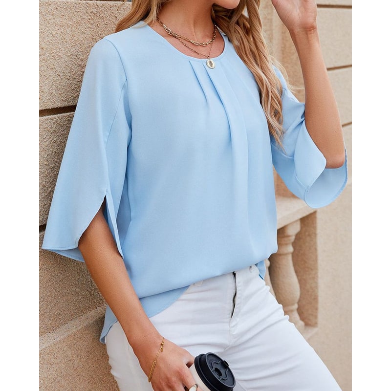 Women's Half Sleeve Chiffon Blouse Pleated Neckline Keyhole Back - Image 4