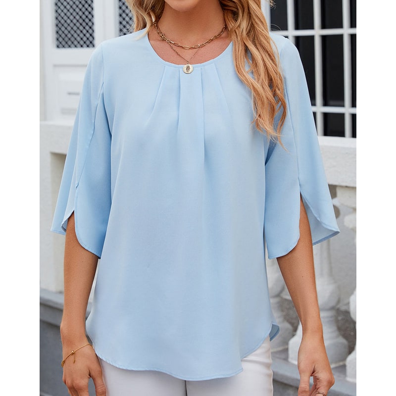Women's Half Sleeve Chiffon Blouse Pleated Neckline Keyhole Back - Image 5
