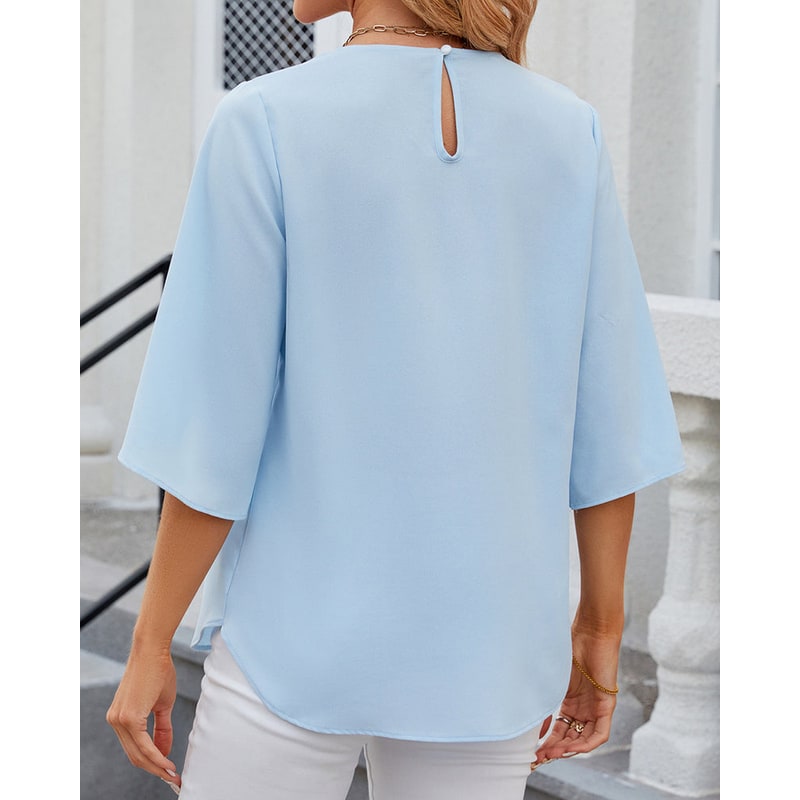 Women's Half Sleeve Chiffon Blouse Pleated Neckline Keyhole Back - Image 6