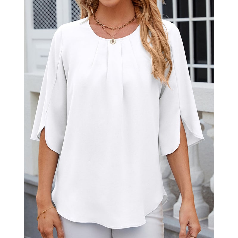 Women's Half Sleeve Chiffon Blouse Pleated Neckline Keyhole Back - Image 7