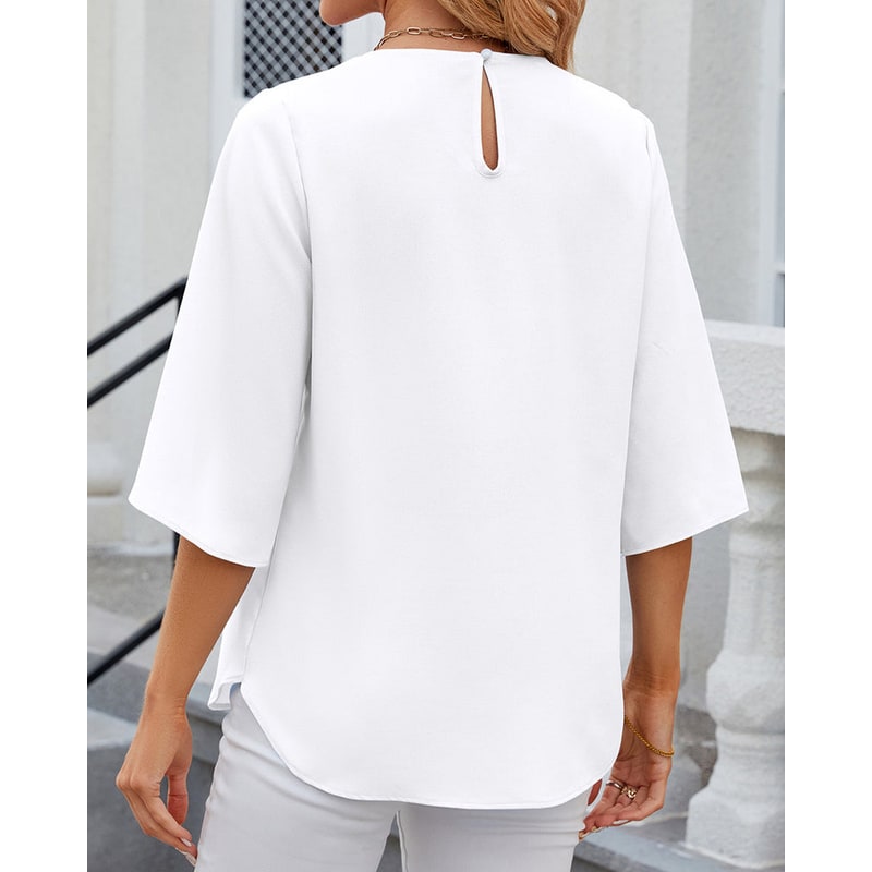 Women's Half Sleeve Chiffon Blouse Pleated Neckline Keyhole Back - Image 9