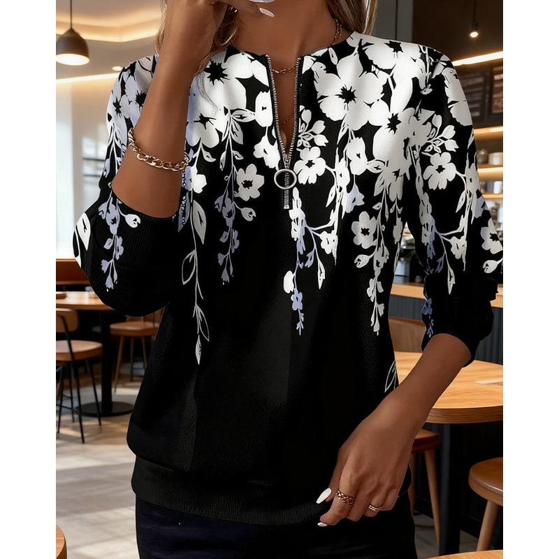 Women's Half Zip Sweatshirt with Botanical Floral Print and Ribbed Cuffs - Image 1