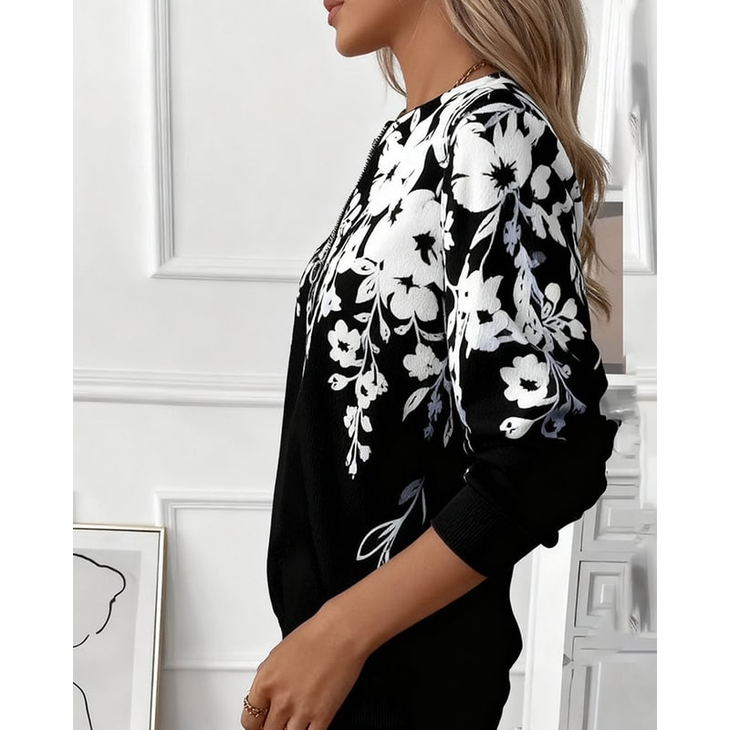 Women's Half Zip Sweatshirt with Botanical Floral Print and Ribbed Cuffs - Image 2