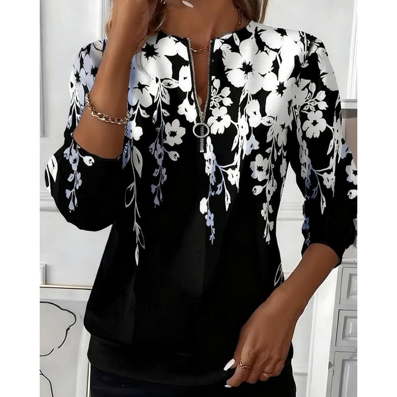 Women's Half Zip Sweatshirt with Botanical Floral Print and Ribbed Cuffs - Image 3