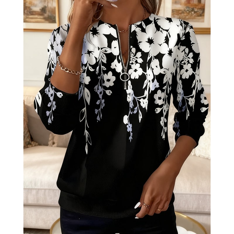 Women's Half Zip Sweatshirt with Botanical Floral Print and Ribbed Cuffs - Image 4