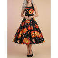 Women's Halloween a Line Halter Neck Dress with Pumpkin Print and Satin Sash for Costumes - Image 1