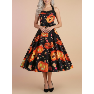 Women's Halloween a Line Halter Neck Dress with Pumpkin Print and Satin Sash for Costumes - Image 1