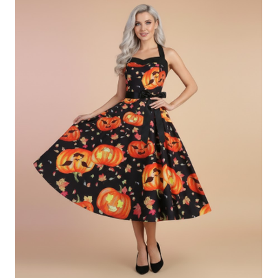 Women's Halloween a Line Halter Neck Dress with Pumpkin Print and Satin Sash for Costumes - Image 2