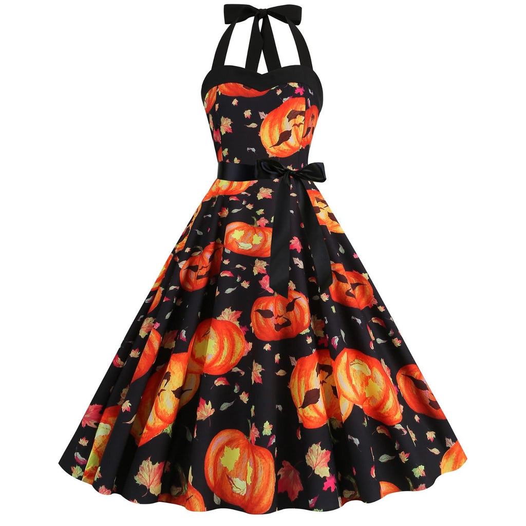 Women's Halloween a Line Halter Neck Dress with Pumpkin Print and Satin Sash for Costumes - Image 3