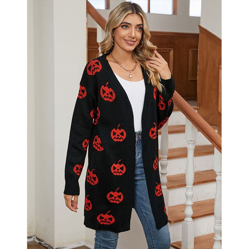 Women's Halloween Cardigan Long Open Front Knit with Pumpkin Print - Image 1