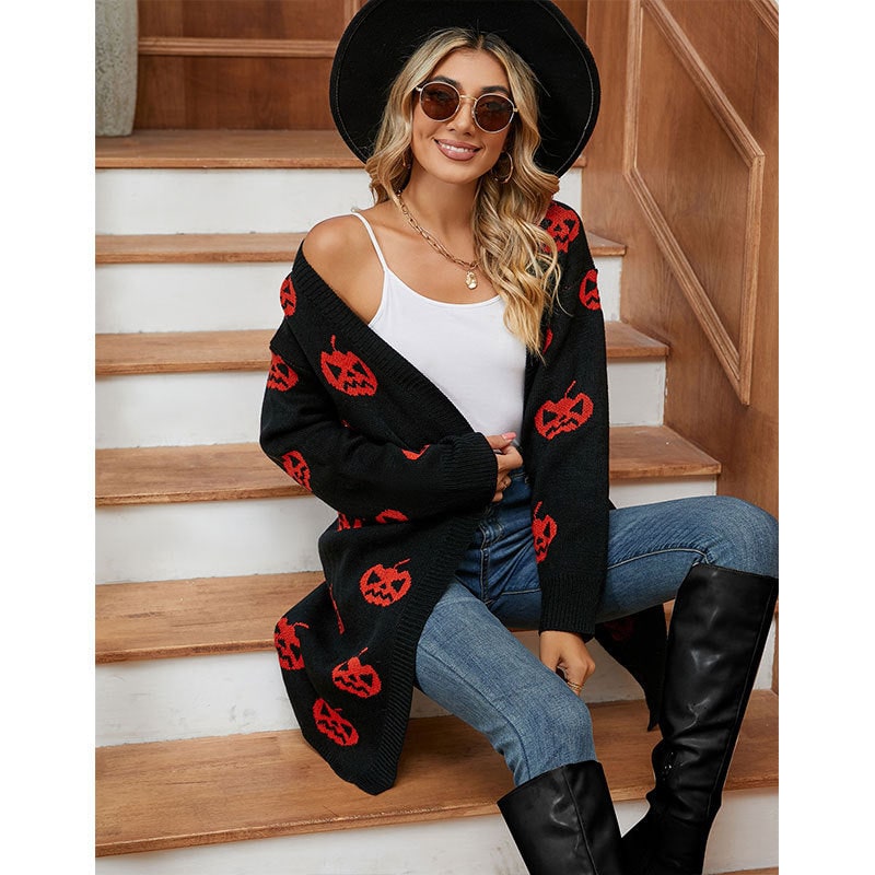 Women's Halloween Cardigan Long Open Front Knit with Pumpkin Print - Image 2