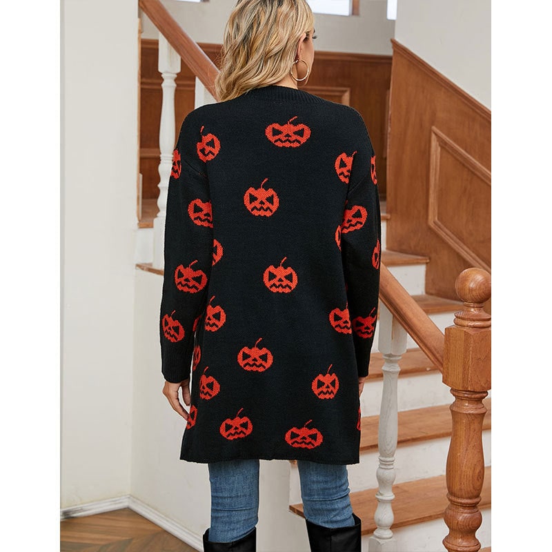 Women's Halloween Cardigan Long Open Front Knit with Pumpkin Print - Image 3