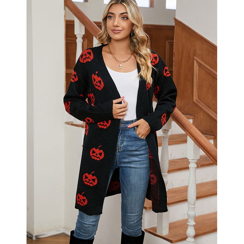 Women's Halloween Cardigan Long Open Front Knit with Pumpkin Print - Image 4