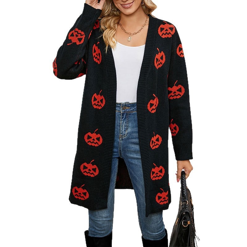 Women's Halloween Cardigan Long Open Front Knit with Pumpkin Print - Image 5