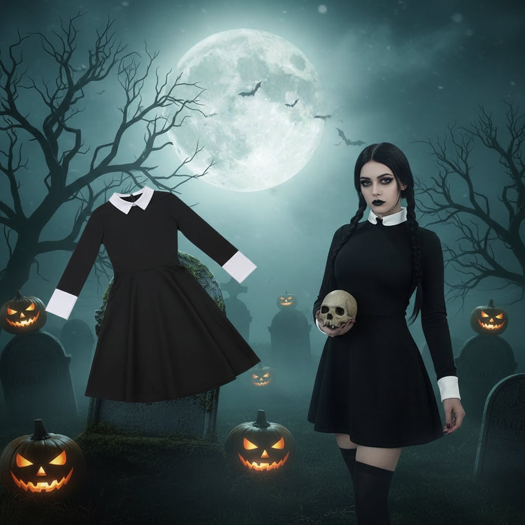 Women's Halloween Costume gothic schoolgirl Dress with White Collar and Long Sleeves Party Outfit - Image 1