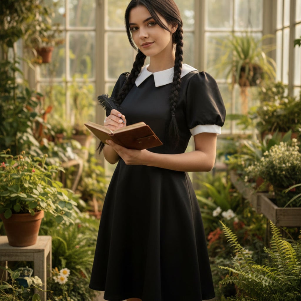 Women's Halloween Costume gothic schoolgirl Dress with White Collar and Long Sleeves Party Outfit - Image 2