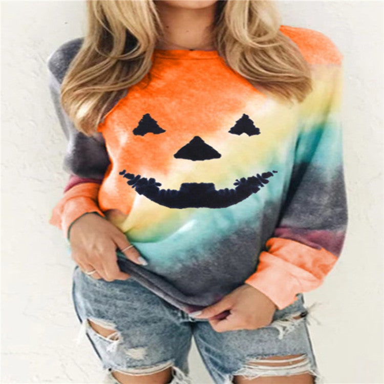 Women's Halloween Crew Neck Sweatshirt with Tie Dye Jack O Lantern Print Black - Image 2