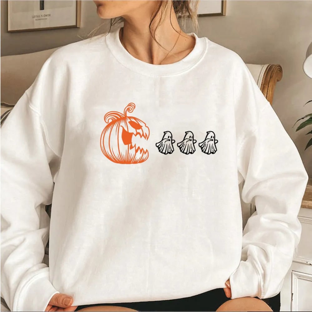 Women's Halloween Crewneck Sweatshirt with Pumpkin Ghost Graphic Print - Image 2