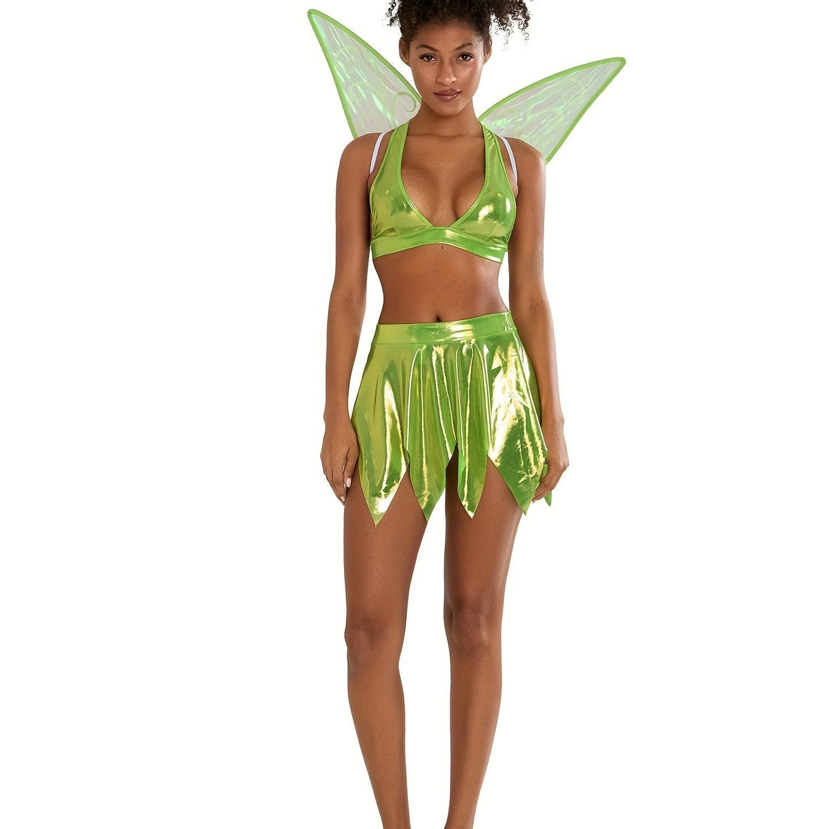 Women's Halloween Fairy Costume Three-Piece Set with Halter Crop Top Petal Skirt and Detachable Wings - Image 1