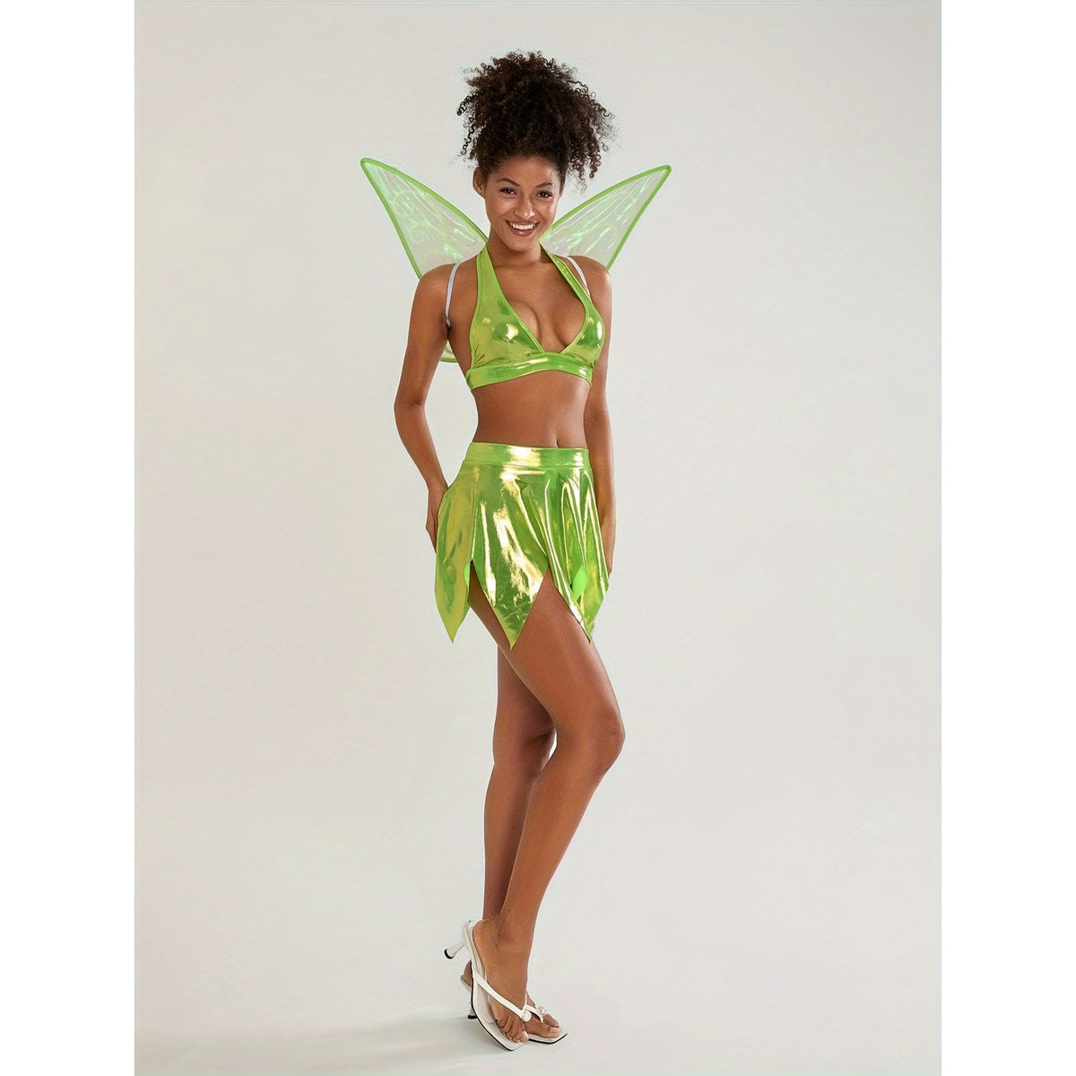 Women's Halloween Fairy Costume Three-Piece Set with Halter Crop Top Petal Skirt and Detachable Wings - Image 2
