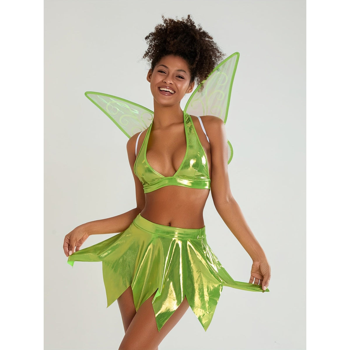 Women's Halloween Fairy Costume Three-Piece Set with Halter Crop Top Petal Skirt and Detachable Wings - Image 3