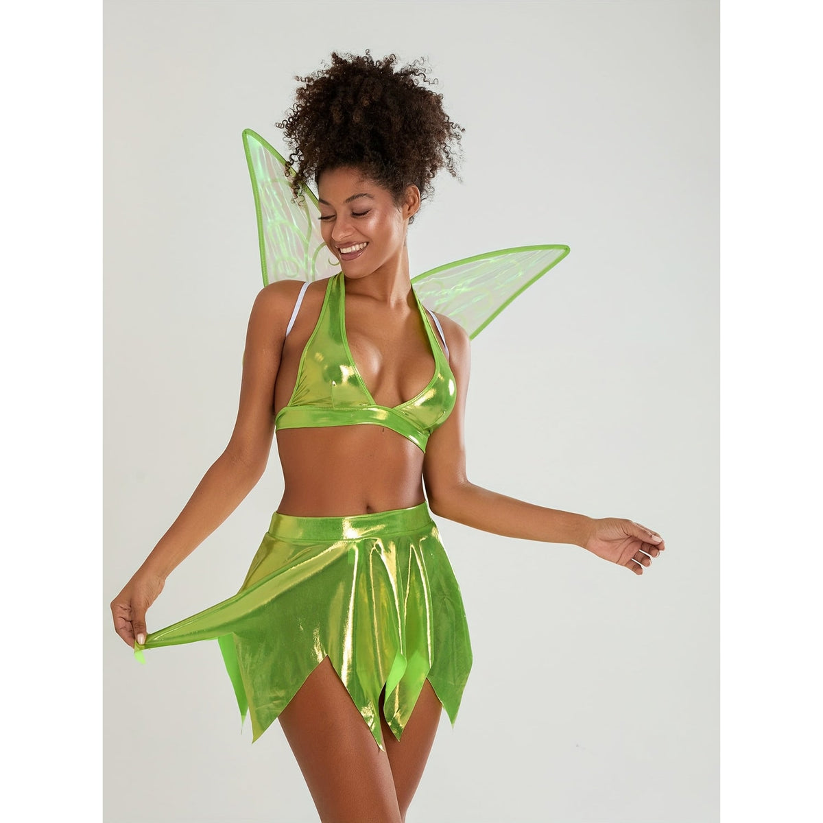 Women's Halloween Fairy Costume Three-Piece Set with Halter Crop Top Petal Skirt and Detachable Wings - Image 4