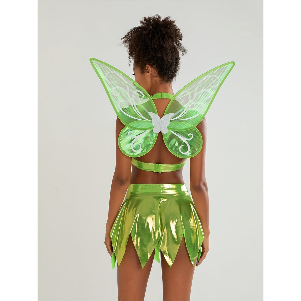 Women's Halloween Fairy Costume Three-Piece Set with Halter Crop Top Petal Skirt and Detachable Wings - Image 5