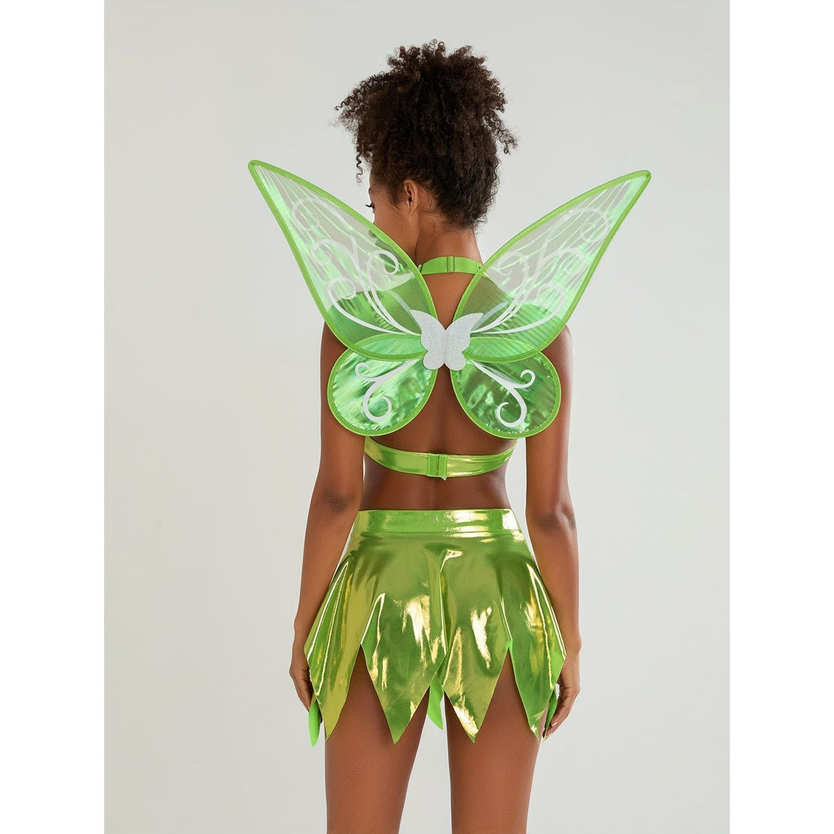 Women's Halloween Fairy Costume Three-Piece Set with Halter Crop Top Petal Skirt and Detachable Wings - Image 5