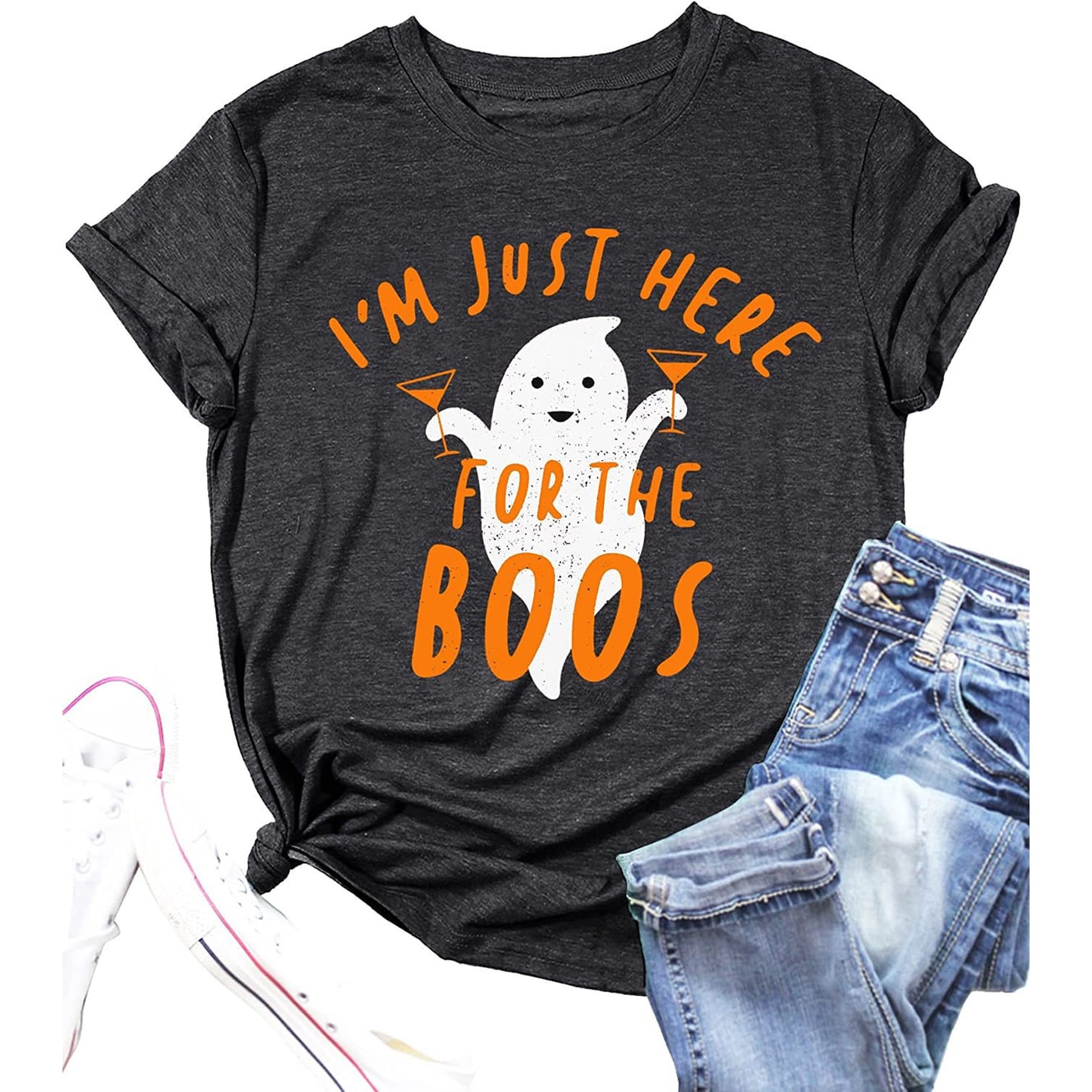 Women's Halloween Funny Ghost Graphic T-Shirt with Distressed Crewneck Print Shirt - Image 1
