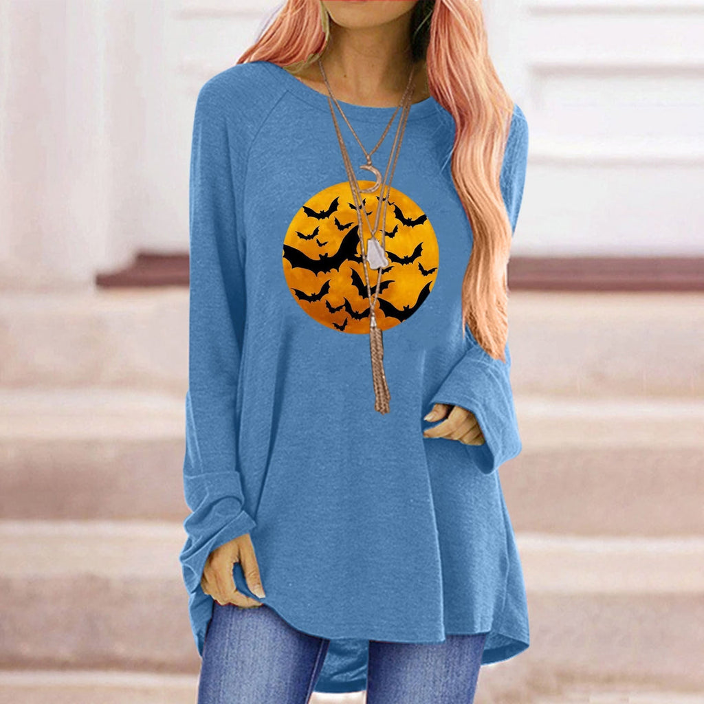 Women's Halloween Graphic T-Shirt Long Sleeve Tunic with Bat and Moon Print Crew Neck Shirt - Image 1