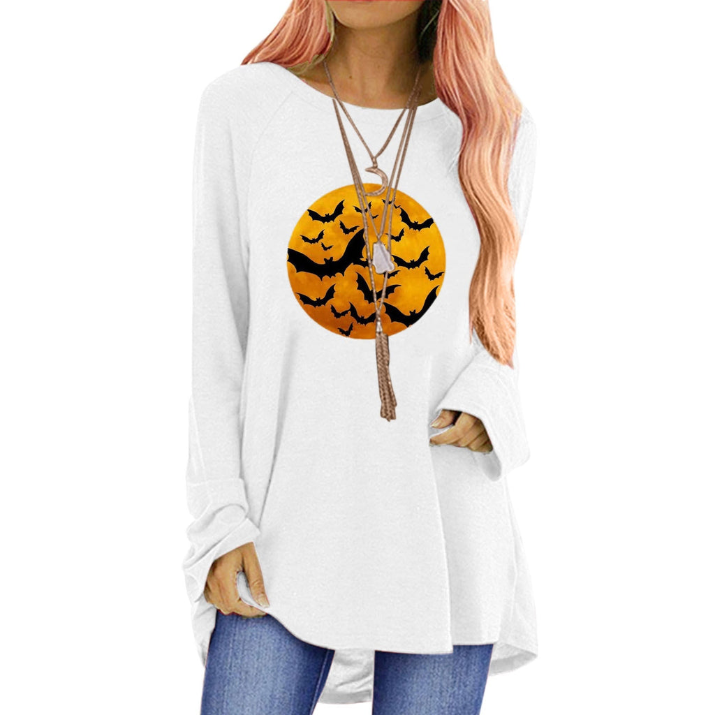 Women's Halloween Graphic T-Shirt Long Sleeve Tunic with Bat and Moon Print Crew Neck Shirt - Image 10