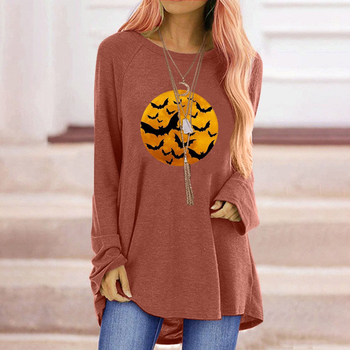 Women's Halloween Graphic T-Shirt Long Sleeve Tunic with Bat and Moon Print Crew Neck Shirt - Image 2