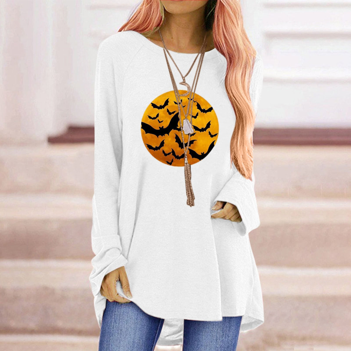 Women's Halloween Graphic T-Shirt Long Sleeve Tunic with Bat and Moon Print Crew Neck Shirt - Image 3