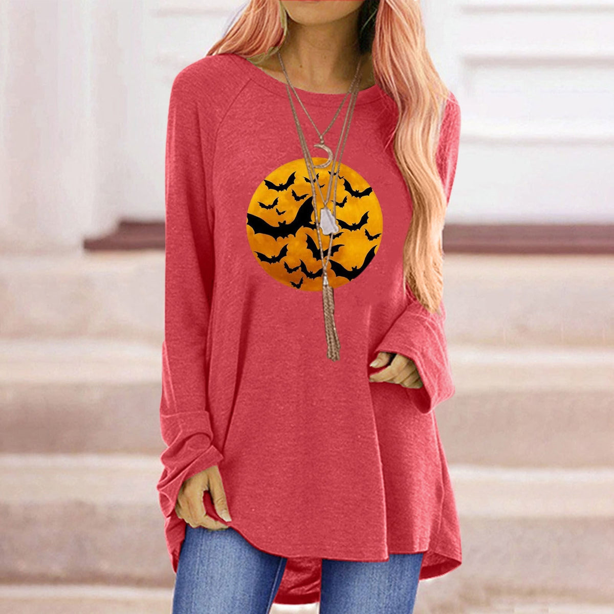 Women's Halloween Graphic T-Shirt Long Sleeve Tunic with Bat and Moon Print Crew Neck Shirt - Image 4