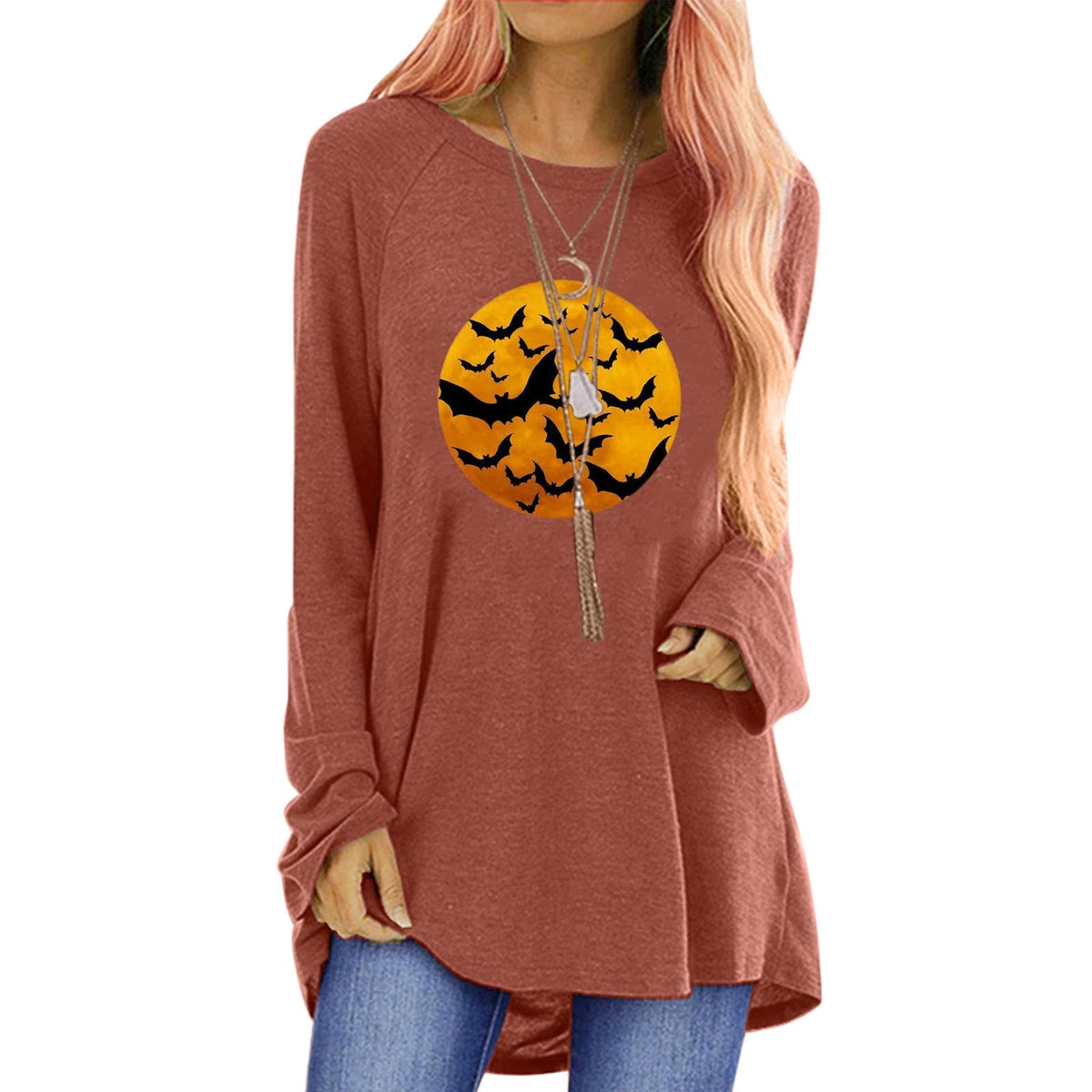 Women's Halloween Graphic T-Shirt Long Sleeve Tunic with Bat and Moon Print Crew Neck Shirt - Image 6