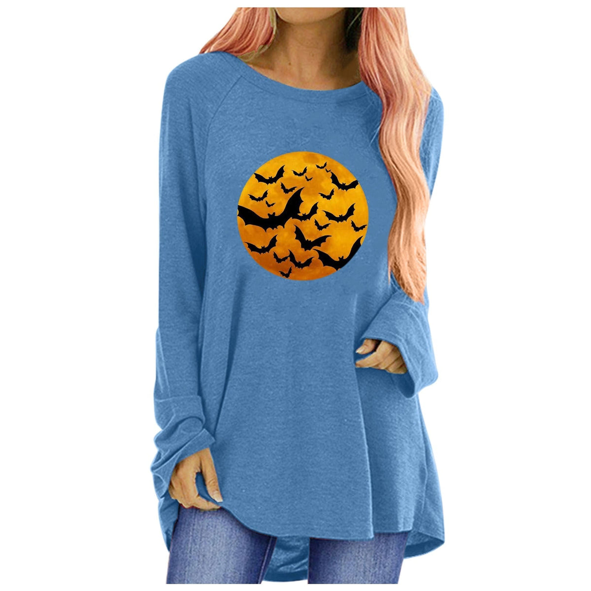 Women's Halloween Graphic T-Shirt Long Sleeve Tunic with Bat and Moon Print Crew Neck Shirt - Image 7