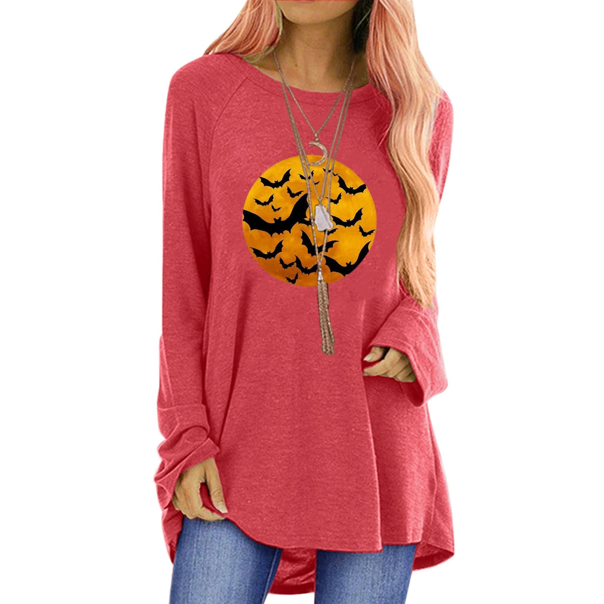 Women's Halloween Graphic T-Shirt Long Sleeve Tunic with Bat and Moon Print Crew Neck Shirt - Image 8