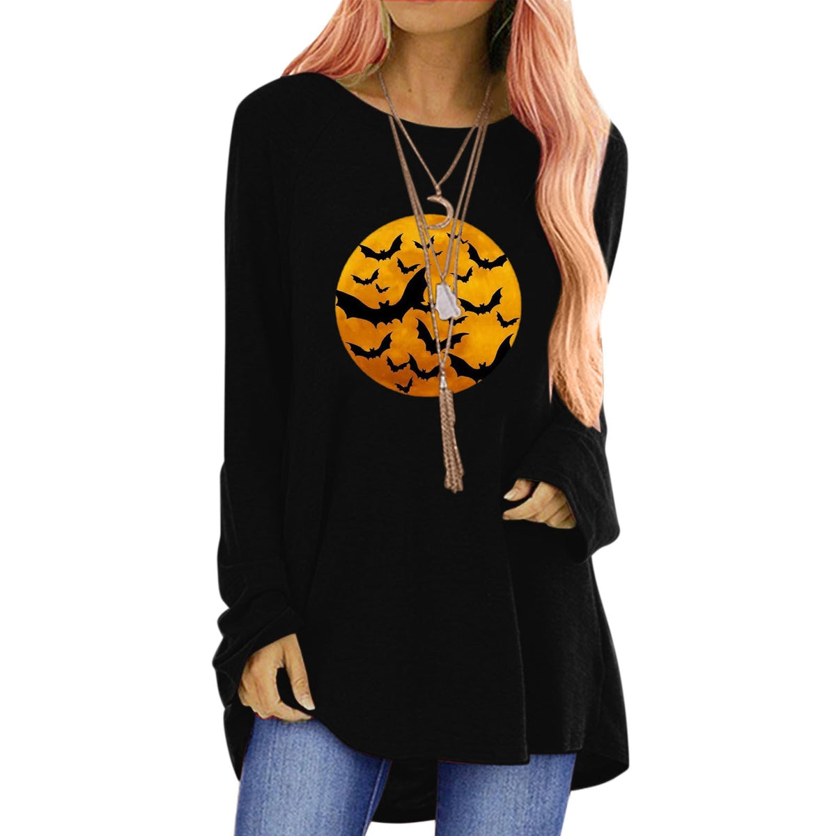Women's Halloween Graphic T-Shirt Long Sleeve Tunic with Bat and Moon Print Crew Neck Shirt - Image 9