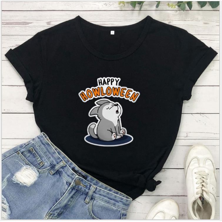 Women's Halloween Graphic T-Shirt with Howling Dog Print and Spooky Text - Image 1