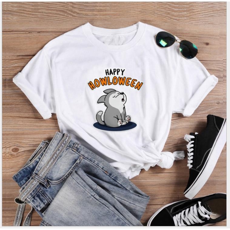 Women's Halloween Graphic T-Shirt with Howling Dog Print and Spooky Text - Image 3