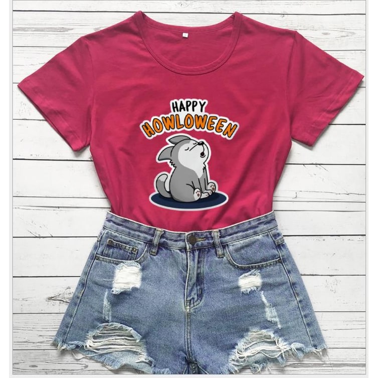 Women's Halloween Graphic T-Shirt with Howling Dog Print and Spooky Text - Image 4
