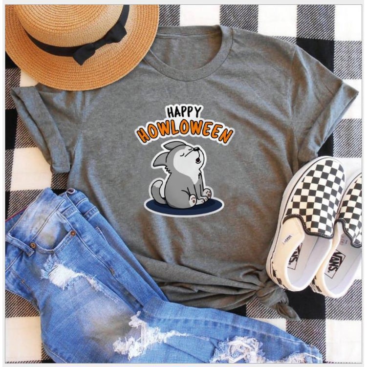 Women's Halloween Graphic T-Shirt with Howling Dog Print and Spooky Text - Image 6