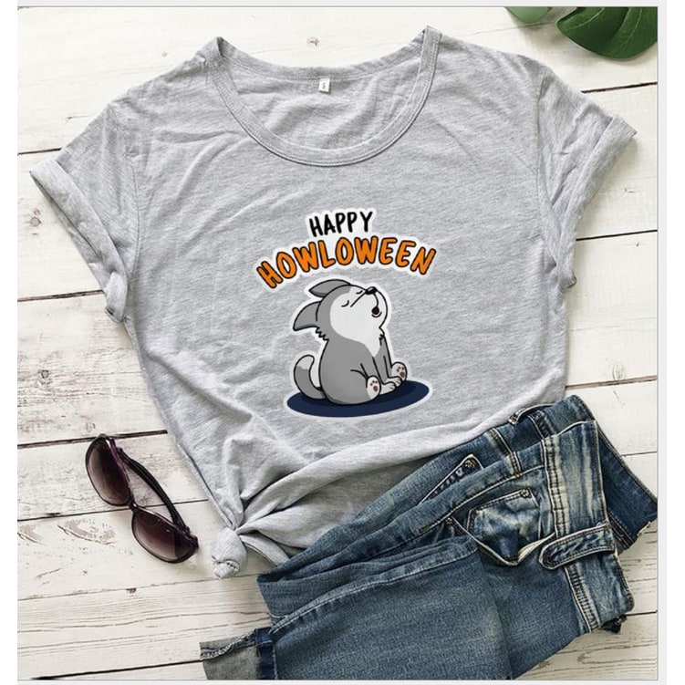 Women's Halloween Graphic T-Shirt with Howling Dog Print and Spooky Text - Image 7
