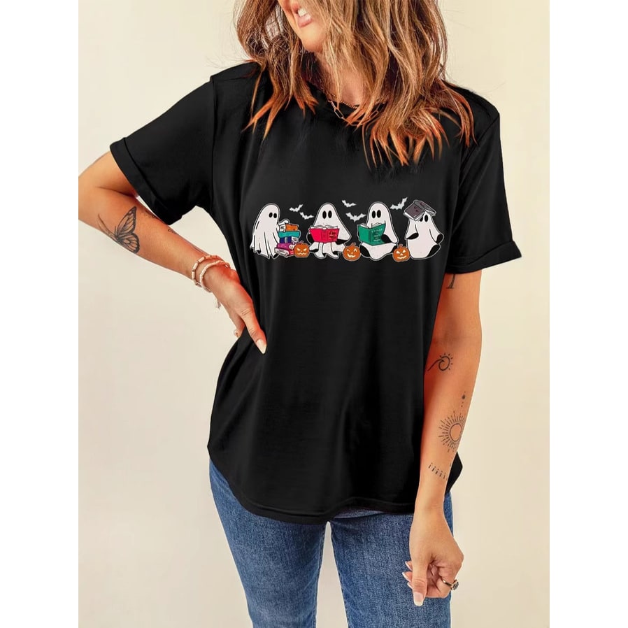 Women's Halloween Graphic Tee for Relaxed Fit with Pumpkin and Ghost Design - Image 4