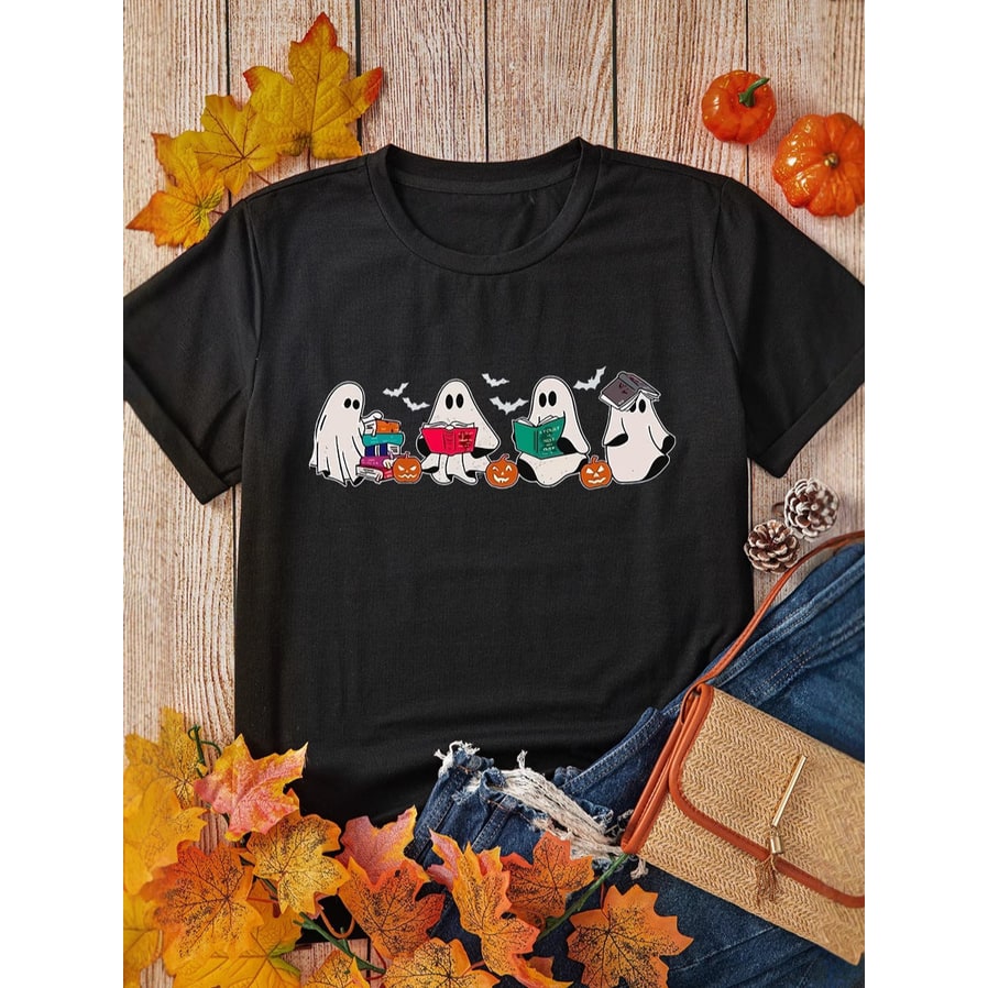 Women's Halloween Graphic Tee for Relaxed Fit with Pumpkin and Ghost Design - Image 5