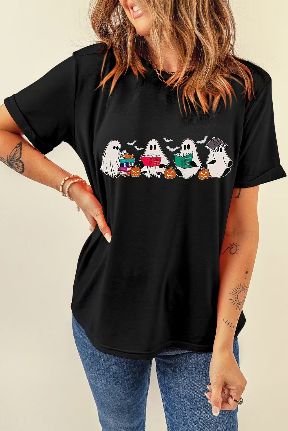 Women's Halloween Graphic Tee for Relaxed Fit with Pumpkin and Ghost Design - Image 7