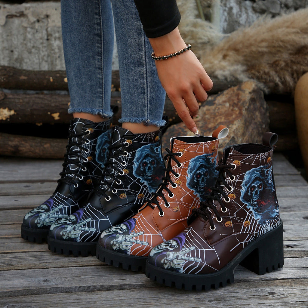 Women's Halloween Heeled Combat Boots with Spiderweb Graphic and Platform Sole - Image 1